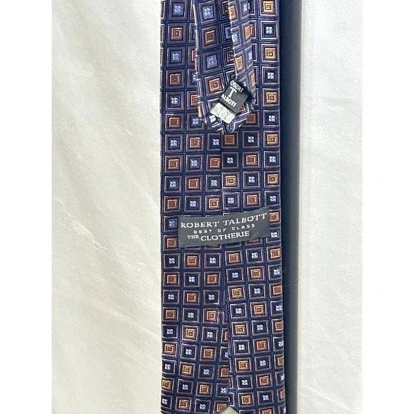 Robert Talbots Navy Blue Orange Geometric Square Pattern Silk Mens Tie